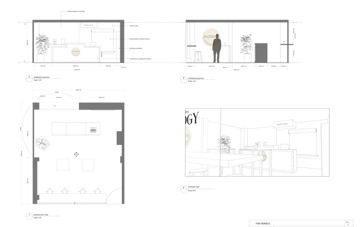 Interior design schematic featuring reception area, counter, waiting area, tables, chairs, and signage in a minimalist architectural style.