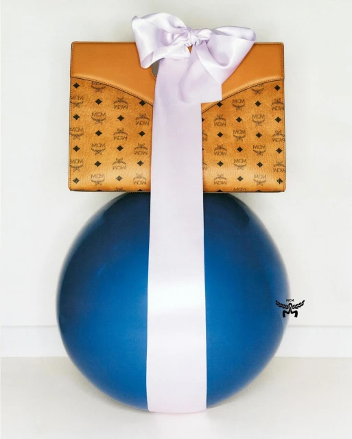 A blue ball stands beneath a tan patterned rectangular bag, cinched with a white satin ribbon and bow against a clean white backdrop.