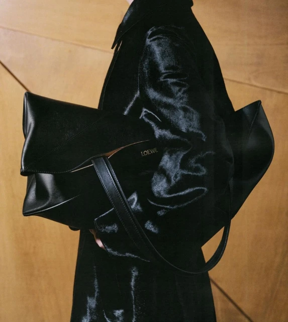 Black leather handbag with the Loewe logo, styled with a dark coat against a paneled wood backdrop in a studio fashion shot.
