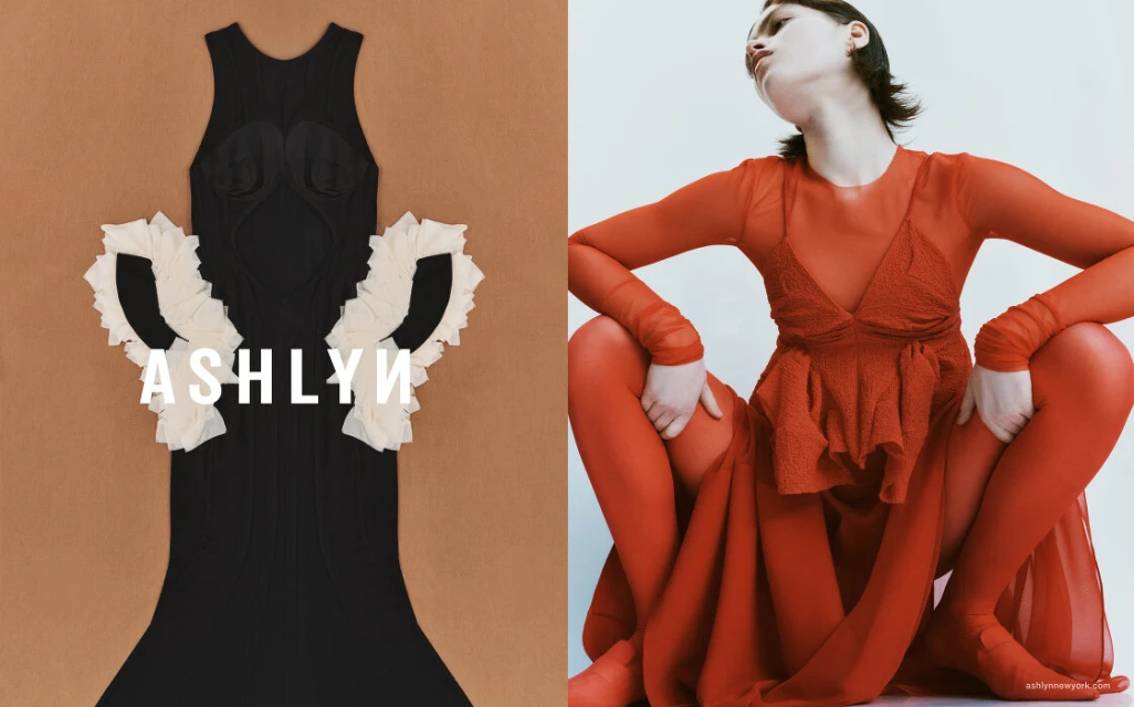 Fashion editorial featuring a black dress with frilly sleeves and a model in a red dress and tights posing against a white background.