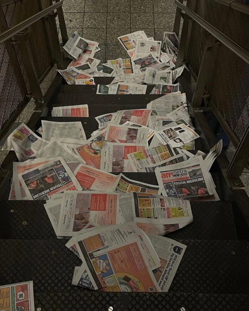 View of newspapers scattered all over the stairs, indicating potential distribution or leftover papers in a public transit setting.