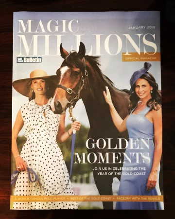Magazine cover with two women, a horse, and text 'MAGIC MILLIONS JANUARY 2018' against a sky blue background.