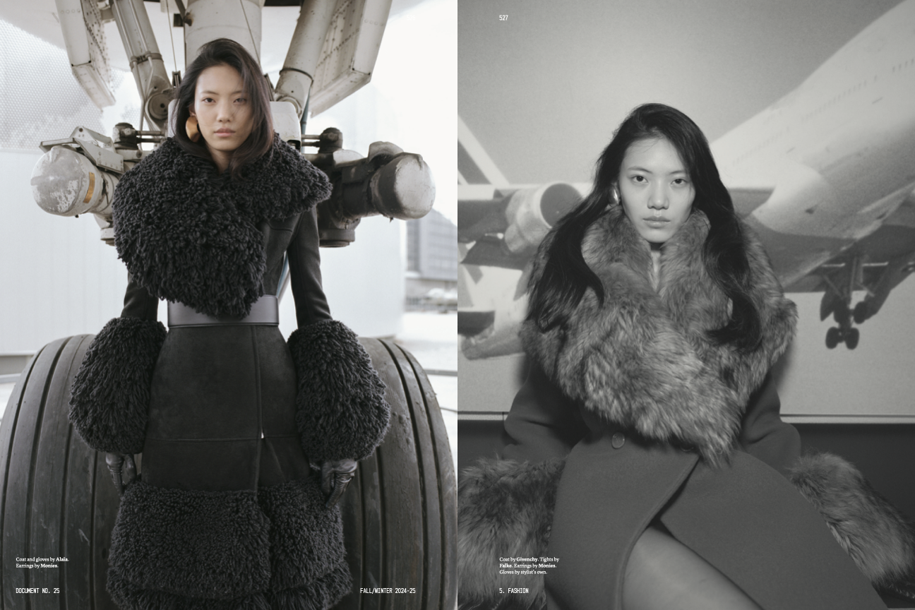 Two fashion shots showcase an Asian model in fur-trimmed coats against airplane backdrops, one in black and the other in muted tones.