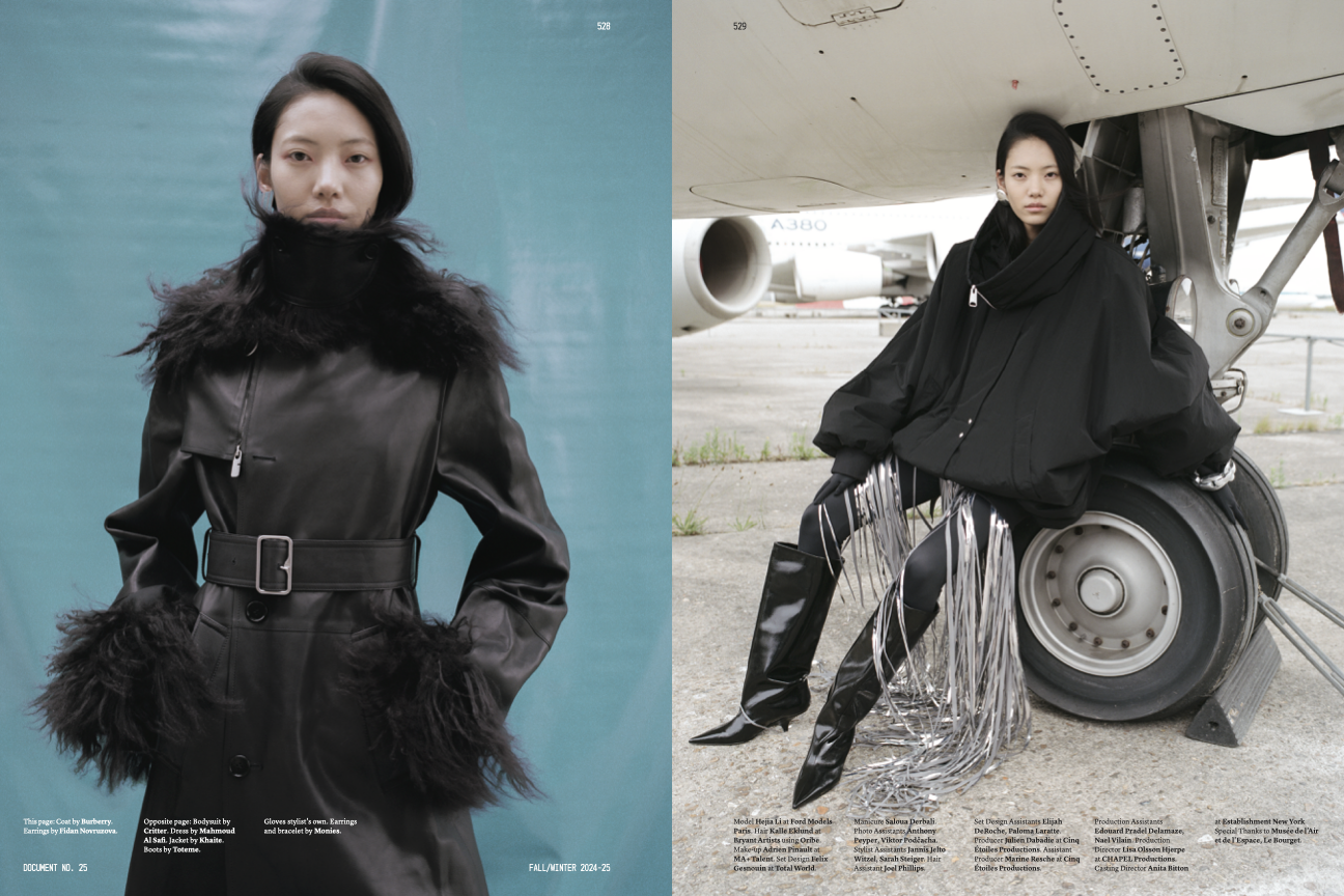 Fashion editorial shot with an Asian model in a black coat and faux fur trim against a blue backdrop, and another next to a plane wheel.
