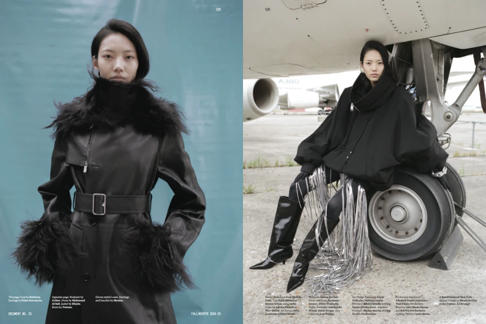 Fashion editorial shot with an Asian model in a black coat and faux fur trim against a blue backdrop, and another next to a plane wheel.