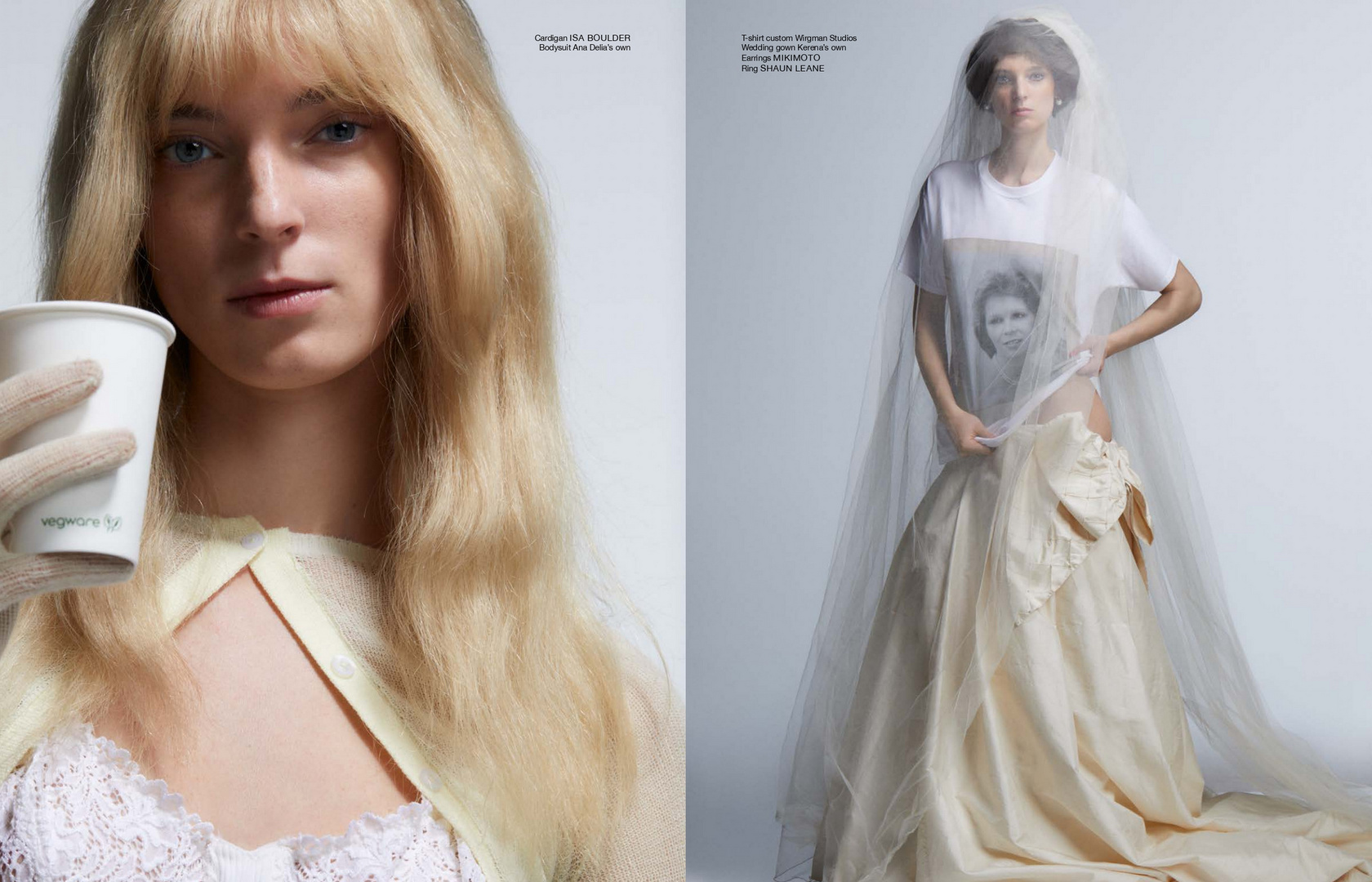 Split-screen fashion shot of two women: one drinking from a vegware cup, the other in a wedding dress and T-shirt with a portrait.