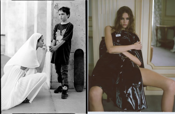 Black and white fashion image featuring a woman in a white dress with a boy and skateboard, plus a woman in a black coat in studio.