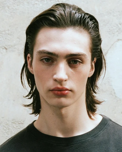 Close-up studio portrait of a young adult male with medium-length brown hair, wearing a black t-shirt, against a neutral background.
