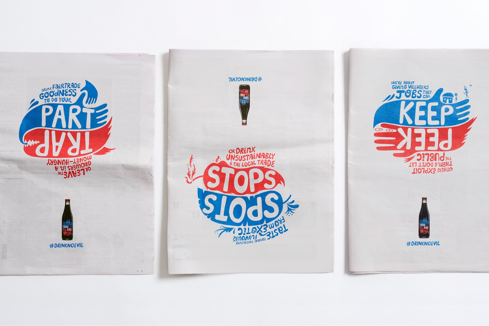 Three lightboxes display fair trade messaging for beer. Red and blue graphics highlight slogans promoting ethical sourcing of ingredients.