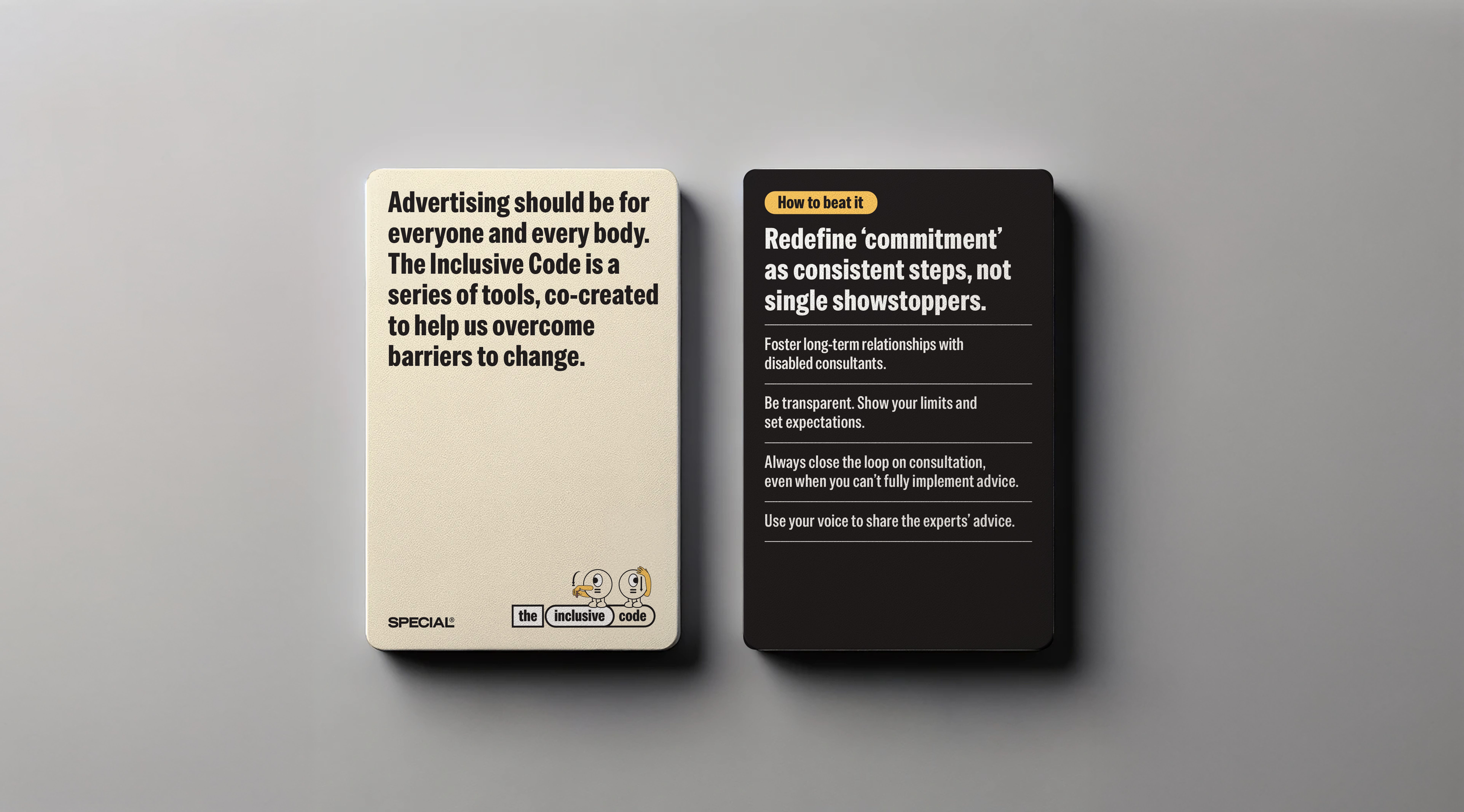 Two cards with the Inclusive Code branding. The cards contain informational text about inclusive advertising practices.
