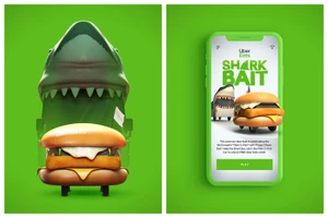 Split image showing a shark-themed burger vehicle on the left and a smartphone displaying a green food delivery app on the right.