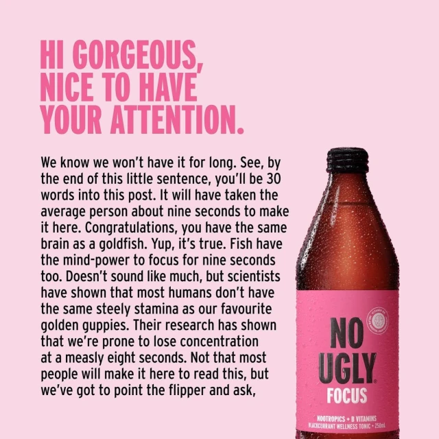 Bottle of No Ugly Focus drink on a pink background with text. Beverage is a health and wellness drink.