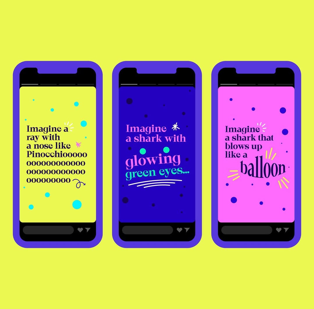 Three smartphone screens display whimsical vector illustrations of sea creatures: a ray, a shark with glowing eyes, and a shark blowing up like a balloon.