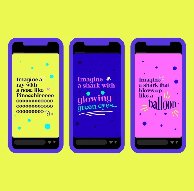 Three smartphone screens display whimsical vector illustrations of sea creatures: a ray, a shark with glowing eyes, and a shark blowing up like a balloon.