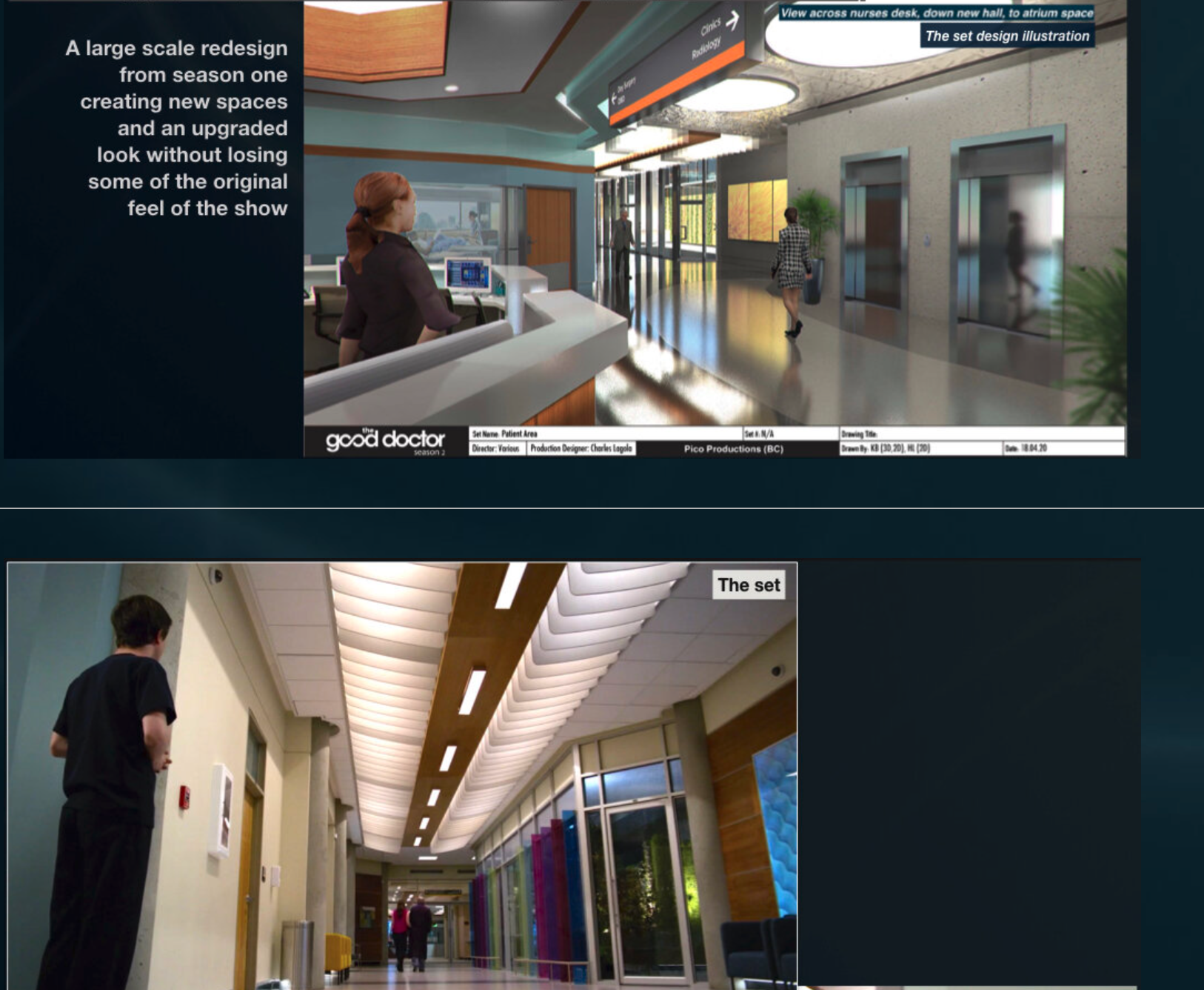 Interior hospital set design showcases nurse's station, modern corridors, and natural light, blending realism with the show's original feel.