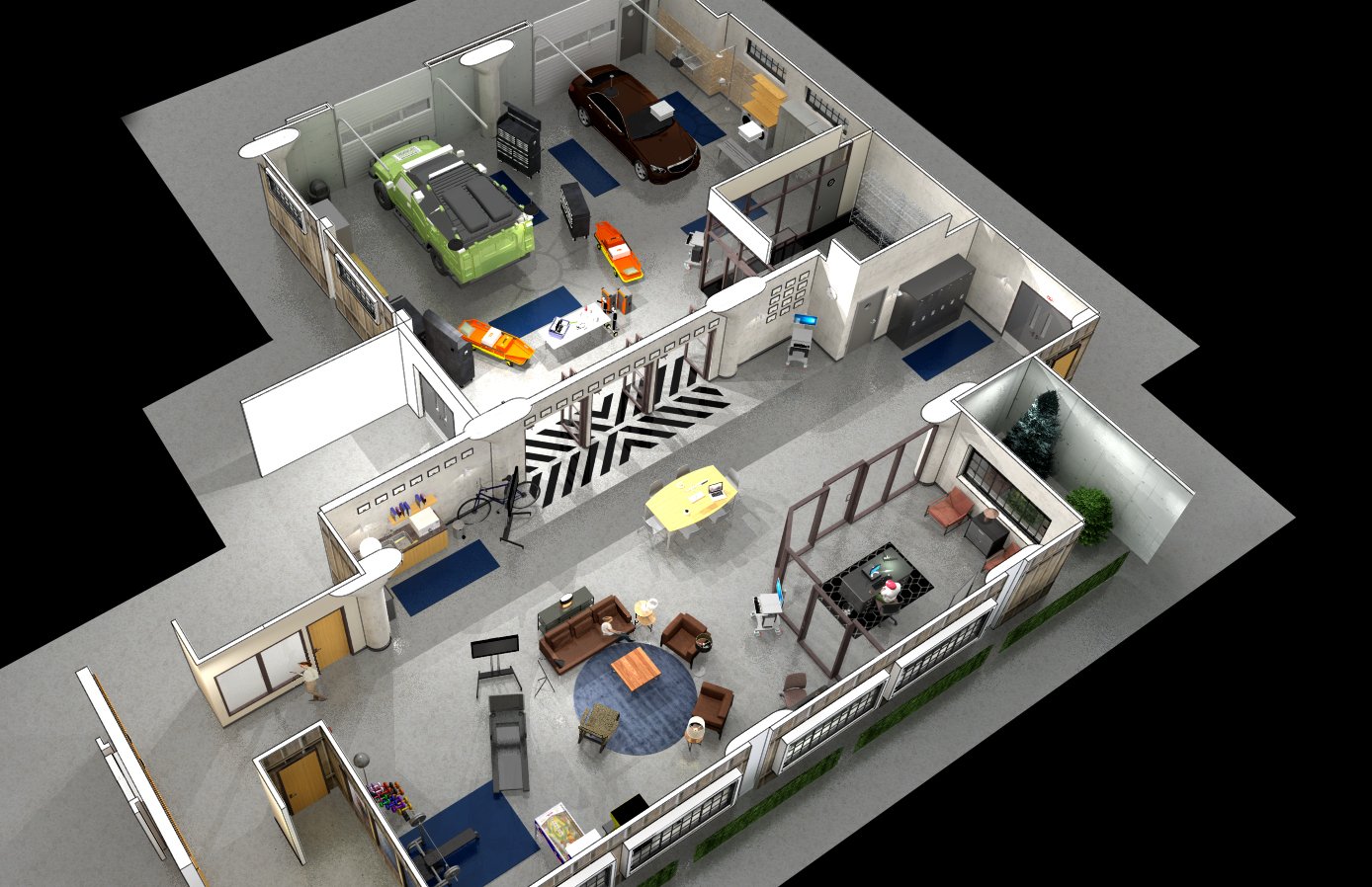 Architectural rendering of a modern open-plan office space featuring multiple seating areas, conference rooms, and a garage area with vehicles.