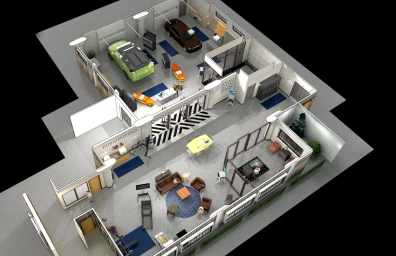 High-angle architectural floor plan render of an automotive garage and office interior by Charlie Lagola