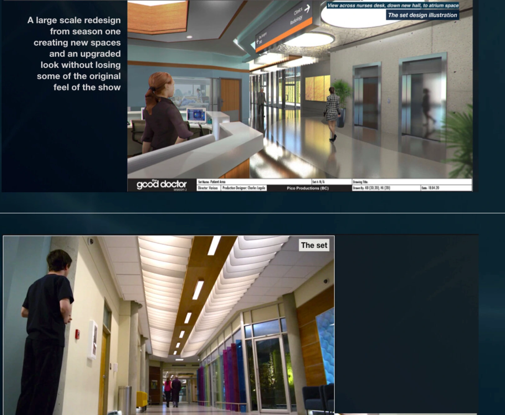 Production design illustrations and set photos showing a hospital hallway redesign with a nurse station and elevators.