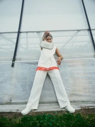 Model in white vest and trousers holding a shoulder bag against a greenhouse structure styled by Jessica Steuart-Hoyler