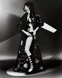 Model in patterned dark jacket and long skirt posing in dramatic studio lighting styled by Freddie Fredericks in New York