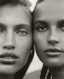 Close-up portrait of two female models with natural makeup and braided hair pressed together cheek to cheek in monochrome.