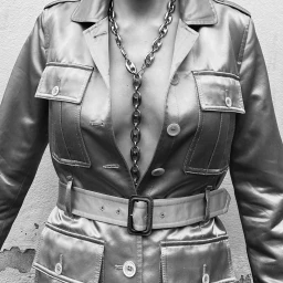 Monochrome fashion portrait showing a person wearing a belted utility jacket and a thick chain necklace styled by Pawel Jastak.