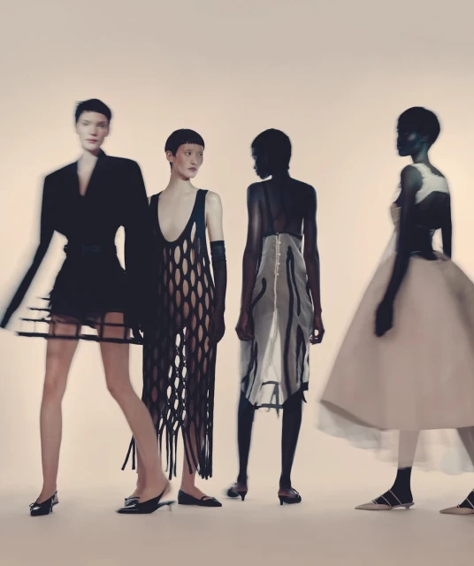 Four fashion models in dark and light dresses pose in a studio setting, showcasing avant-garde designs with unique silhouettes and textures.