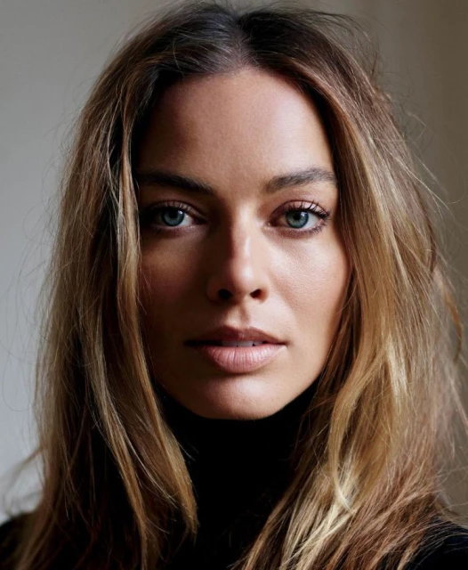 Close-up portrait of an adult woman with blond hair wearing a black turtleneck against a neutral background in a studio setting.