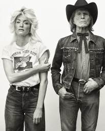 Black and white portrait of a woman with voluminous blonde hair and a man wearing a cowboy hat and denim jacket.