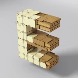 3D render of an architectural letter E constructed from modular wooden components and cream colored metal panels fastened with tiny nails.