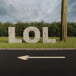 CGI artwork featuring large concrete letters spelling LOL on a grassy roadside next to a tree under an overcast sky.