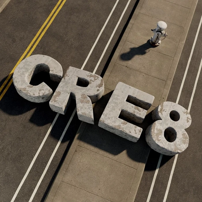Aerial view of oversized concrete letters spelling CRE8 resting on an asphalt street beside a concrete sidewalk and fire hydrant.