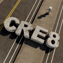 Aerial view of oversized concrete letters spelling CRE8 resting on an asphalt street beside a concrete sidewalk and fire hydrant.