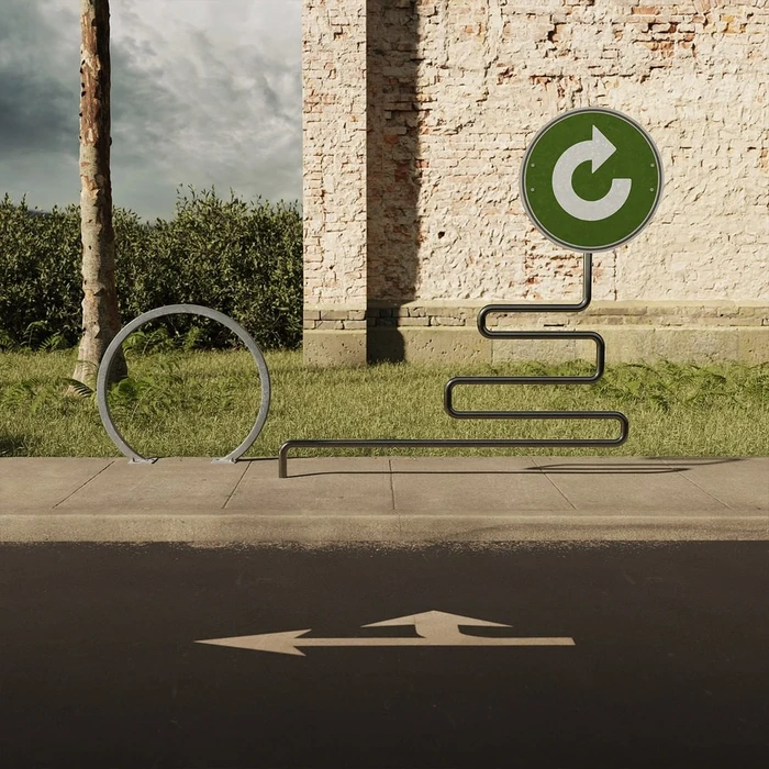 CGI artwork by 2fake featuring a green circular traffic sign on a zigzag metal pole next to a bicycle rack on a sidewalk