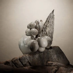 Monochromatic still life of sculptural fruits and a gourd resting on a textured stone surface against a neutral background.