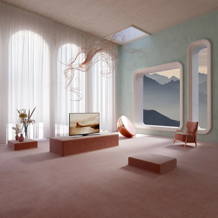 CGI living room interior with a television, armchair, and abstract wire sculpture by 2fake