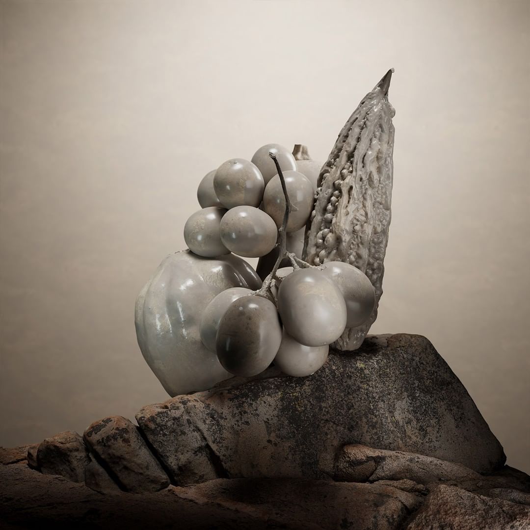 Still life photograph featuring a cluster of grapes, a gourd, a tomato, and a squash arranged on a pile of rocks against a plain background.