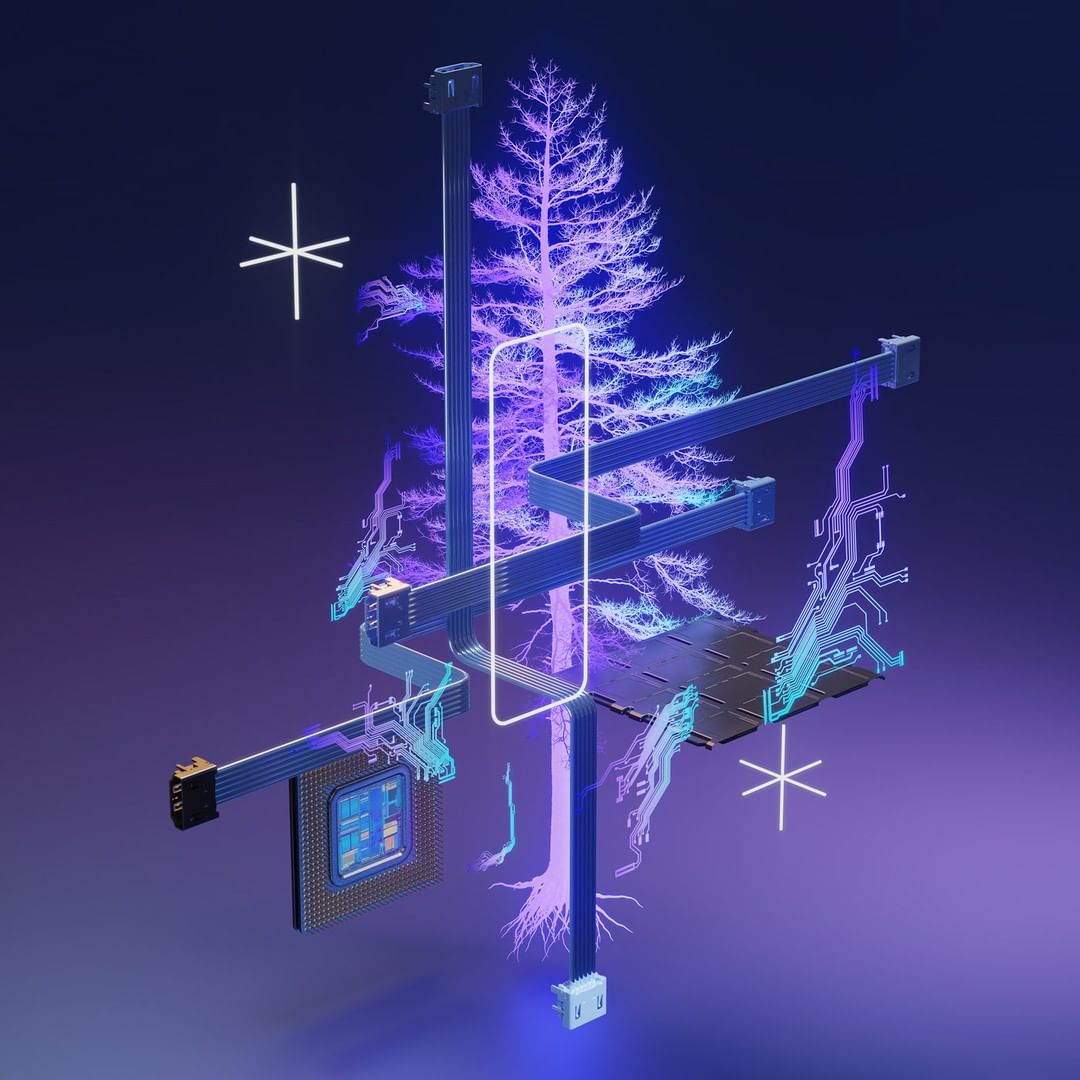 Abstract technology-themed image featuring circuit boards, a central processing unit, and a neon tree on a graduated purple backdrop.