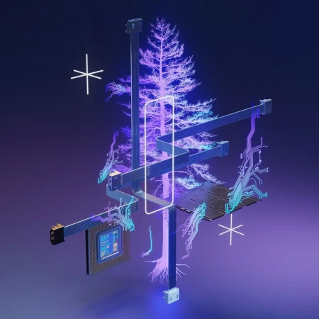 Abstract technology-themed image featuring circuit boards, a central processing unit, and a neon tree on a graduated purple backdrop.