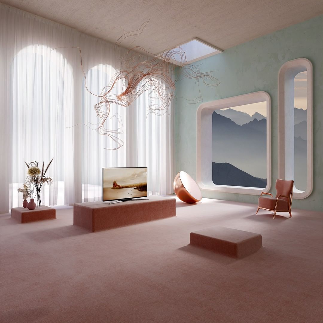 Living room features a television displaying a landscape, decorative vase with greenery, soft pink carpet, and large windows with sheer curtains.