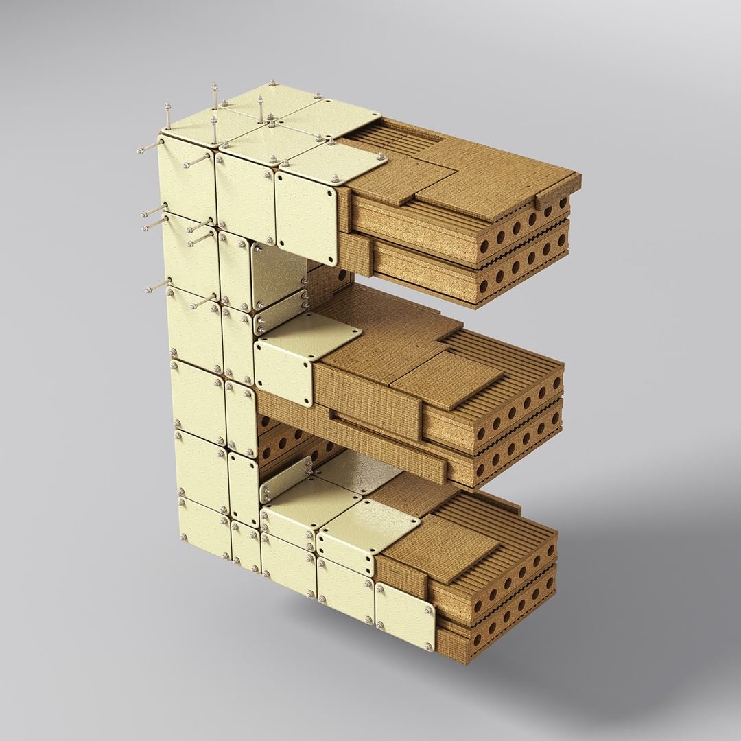 Constructed letter E made of layered materials: beige metal squares held together with metal rods on a gray studio background.