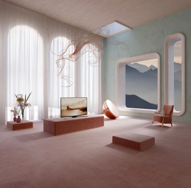 Living room interior featuring a television, artistic decoration, an armchair, a window with a mountain view, and minimal furniture.