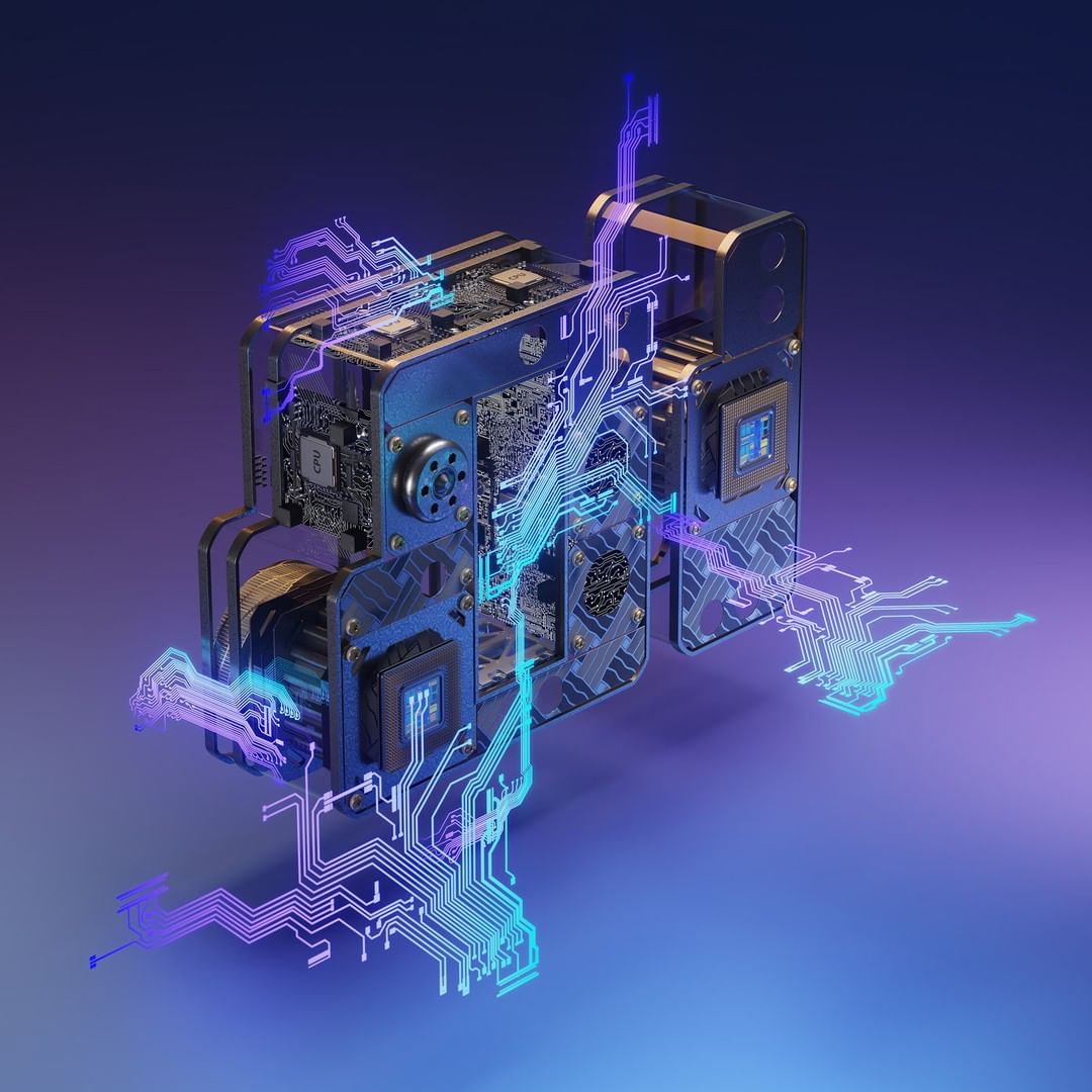 Detailed technology rendering featuring a central processor unit (CPU) with intricate circuit patterns and a vibrant color palette on dark background.