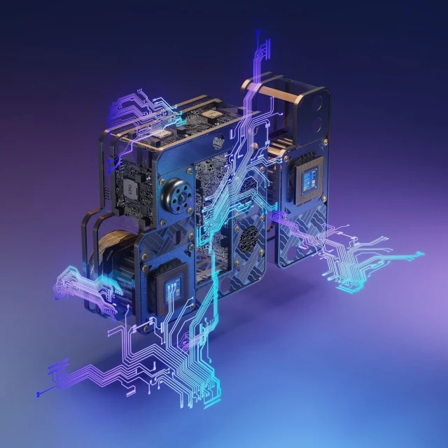 Detailed technology rendering featuring a central processor unit (CPU) with intricate circuit patterns and a vibrant color palette on dark background.