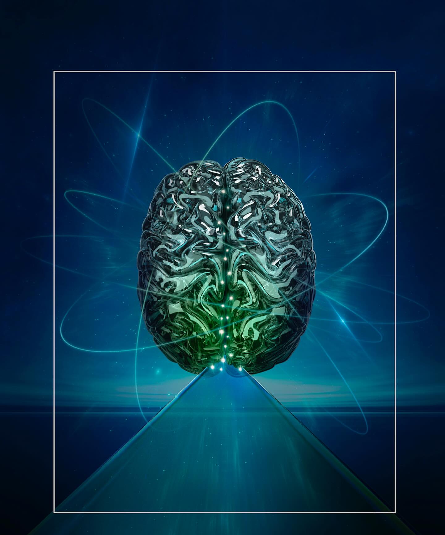 Illustration of a brain above a glowing blue path, framed by white lines and abstract, digital-looking atom-like graphics.