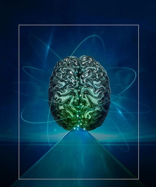 Illustration of a brain above a glowing blue path, framed by white lines and abstract, digital-looking atom-like graphics.