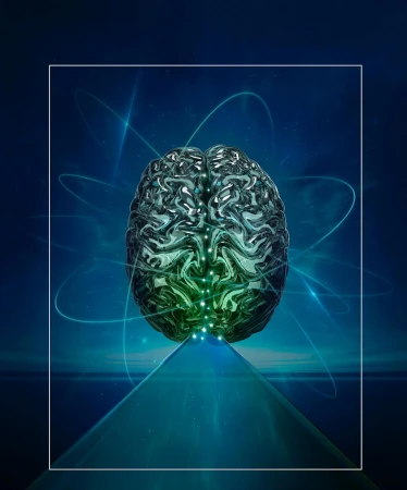 Illustration of a brain above a glowing blue path, framed by white lines and abstract, digital-looking atom-like graphics.