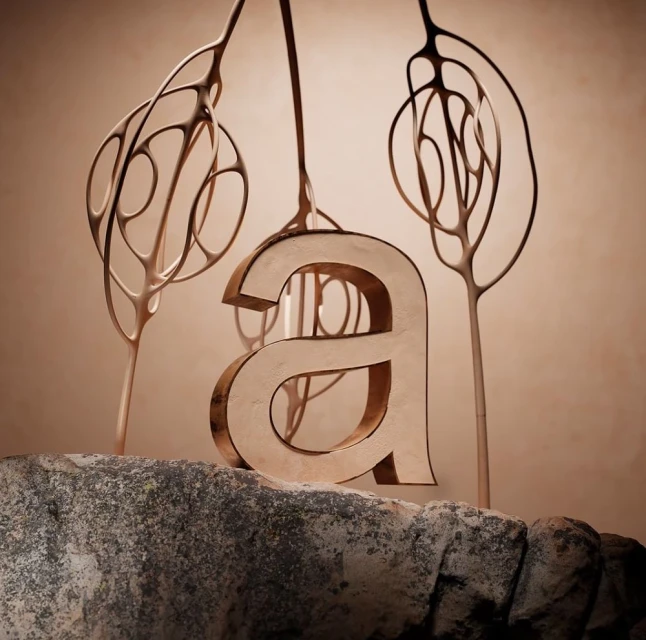 Stone letter 'a' displayed with abstract tree-like sculptures in a warm, studio setting. The focus is on texture and form.