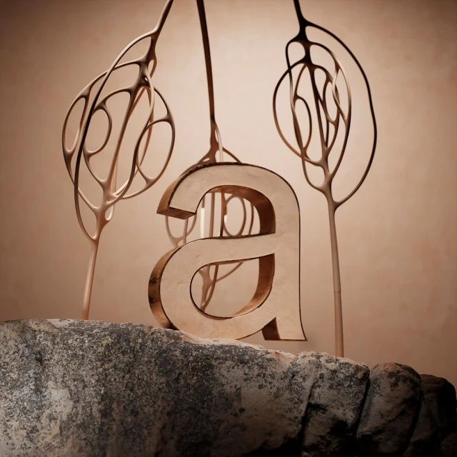 Abstract sculptural arrangement featuring a prominent letter 'a' atop a textured stone surface, complemented by organic, branch-like forms.