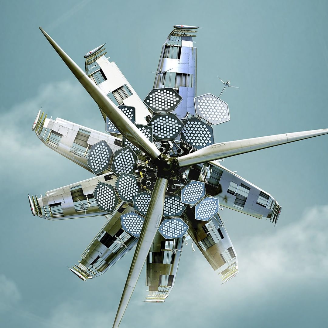 Abstract, symmetrical flower-like design featuring a central hub with radiating metal arms, hexagonal light panels, and windows against a cloudy sky.